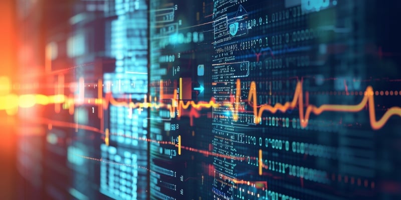 Server room with pulse going across the screen